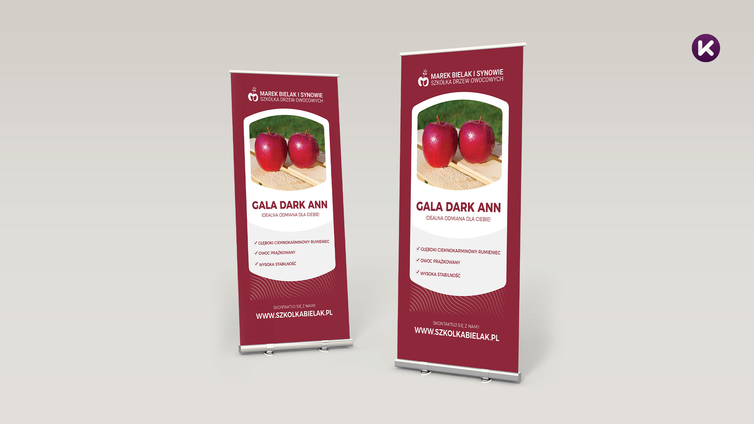 Roll up reklamujący odmianę jabłoni Gala Dark Ann