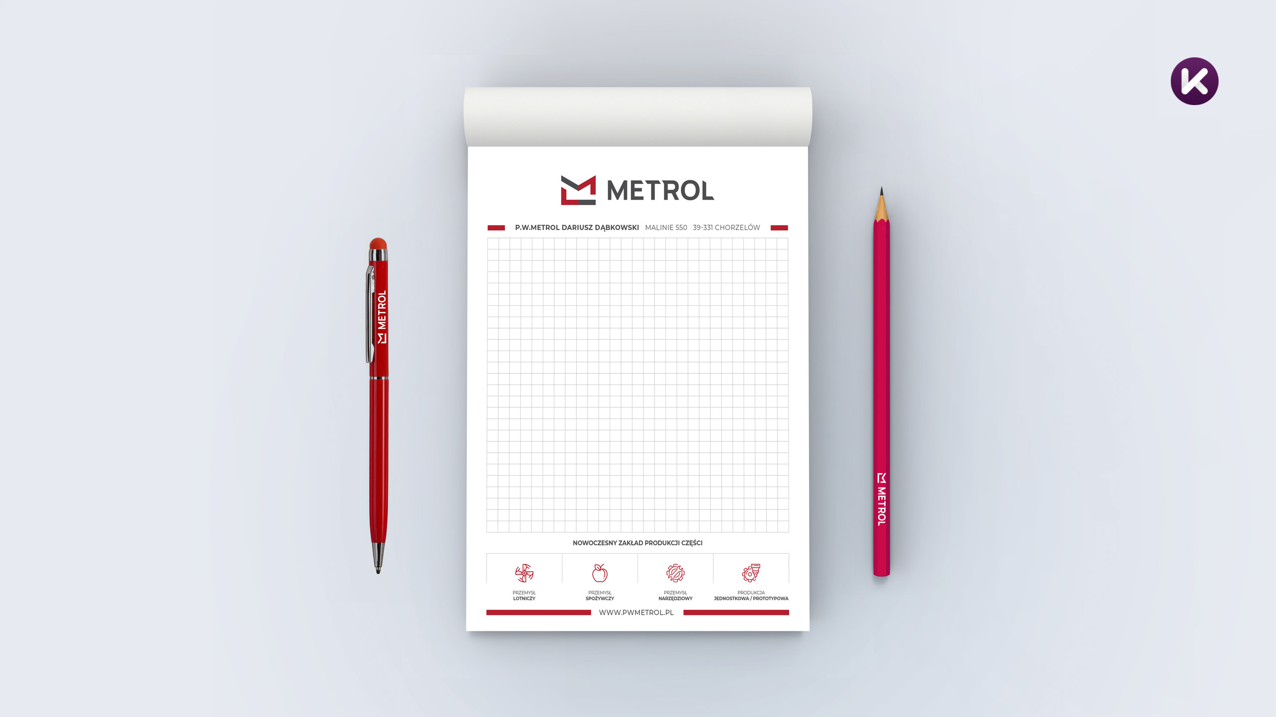 Notes z firmowym logo, długopis i ołówek