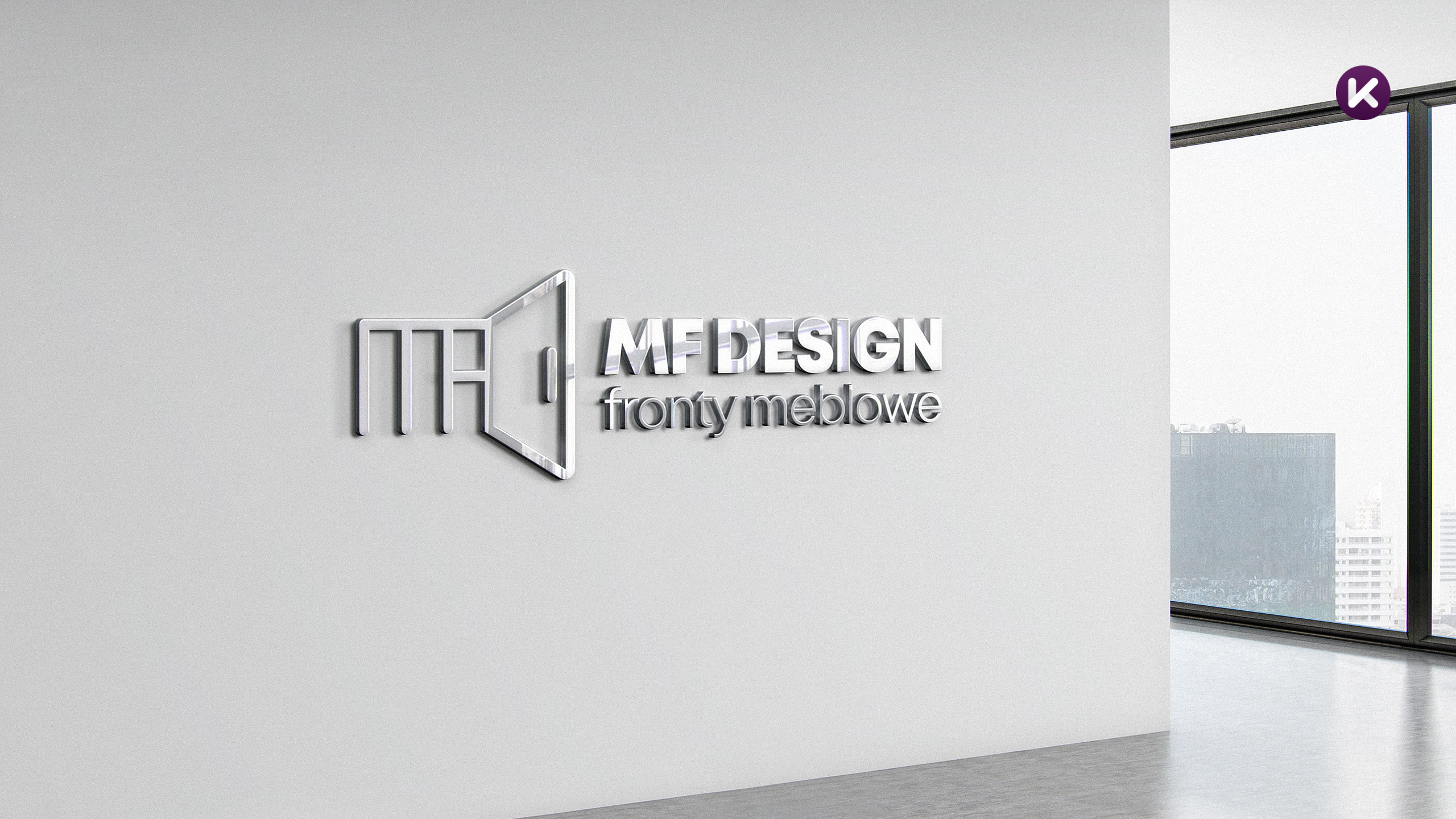 Przestrzenne logo MF Design umieszczone na ścianie