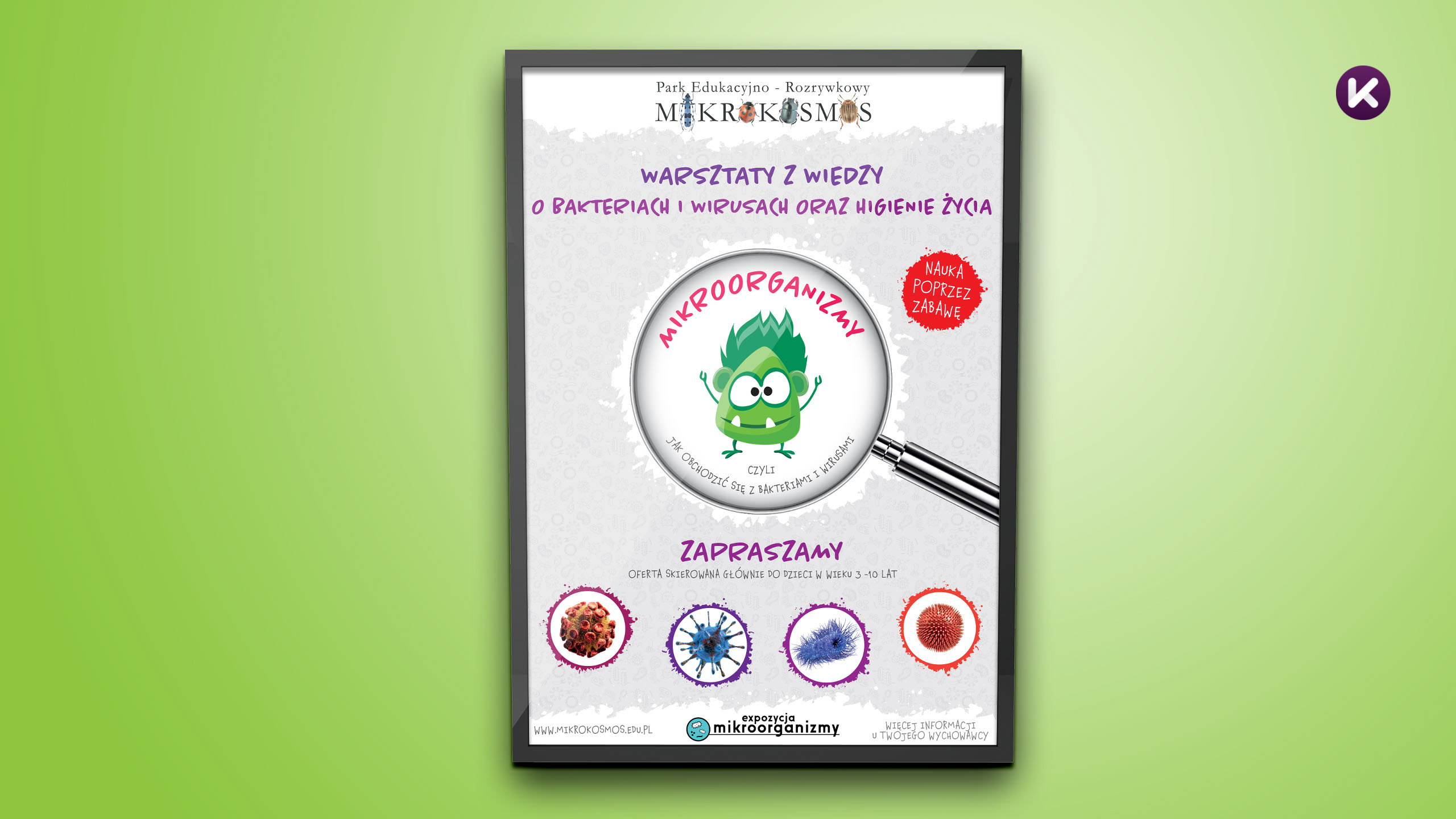 Plakat - Mikrokosmos - Warsztaty z wiedzy o bakteriach i wirusach oraz higienie życia
