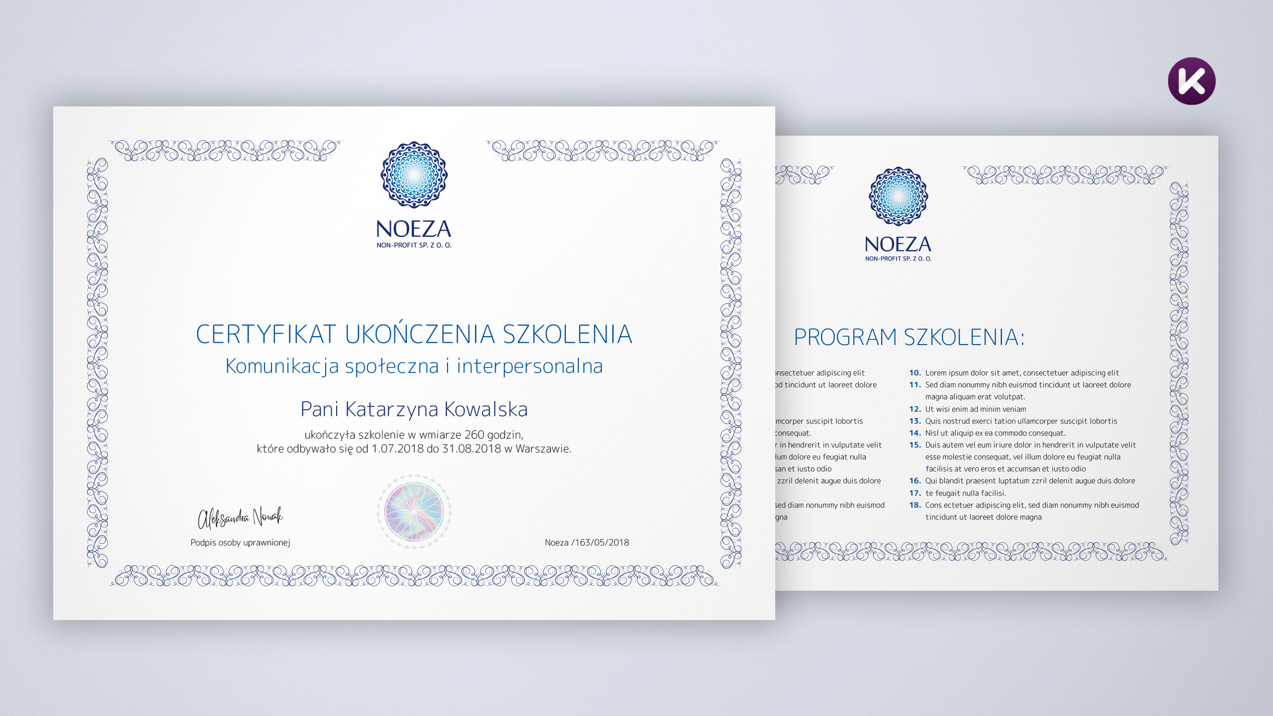 Projekt certyfikatu ukończenia szkolenia Noeza mielec