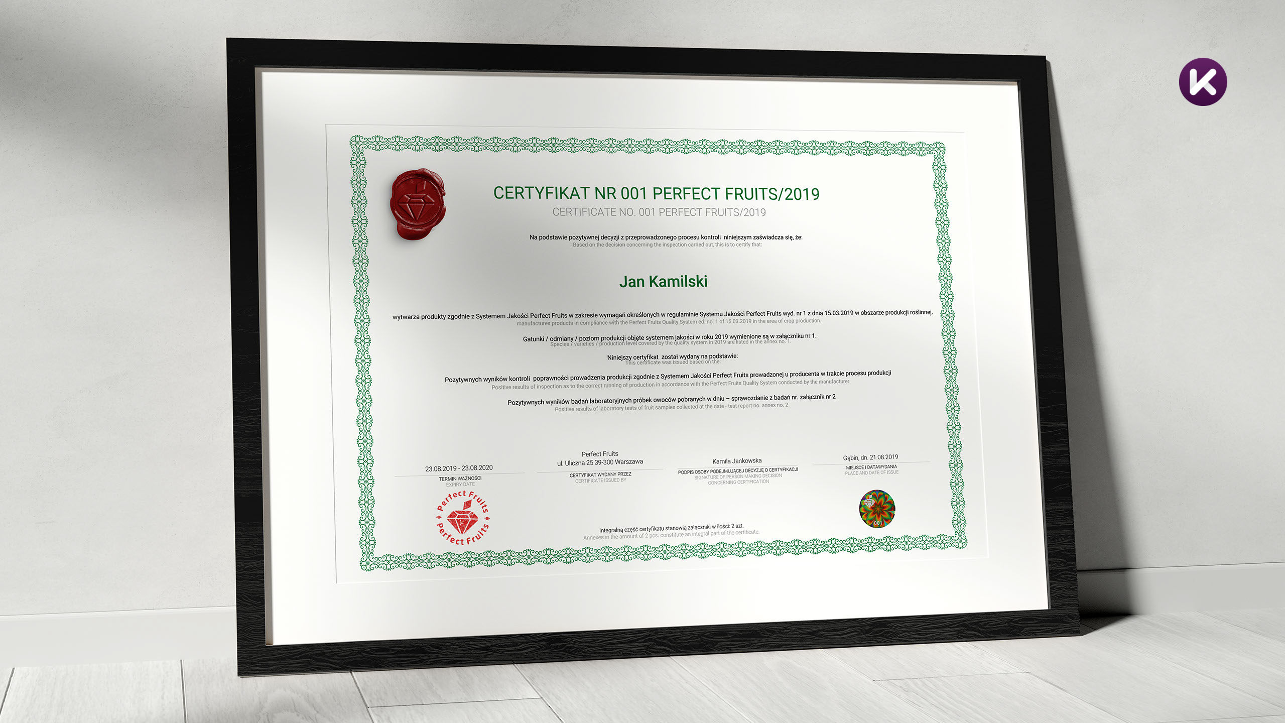 Projekt certyfikatu z oznaczeniami - pieczęć lakowa i hologram z logo