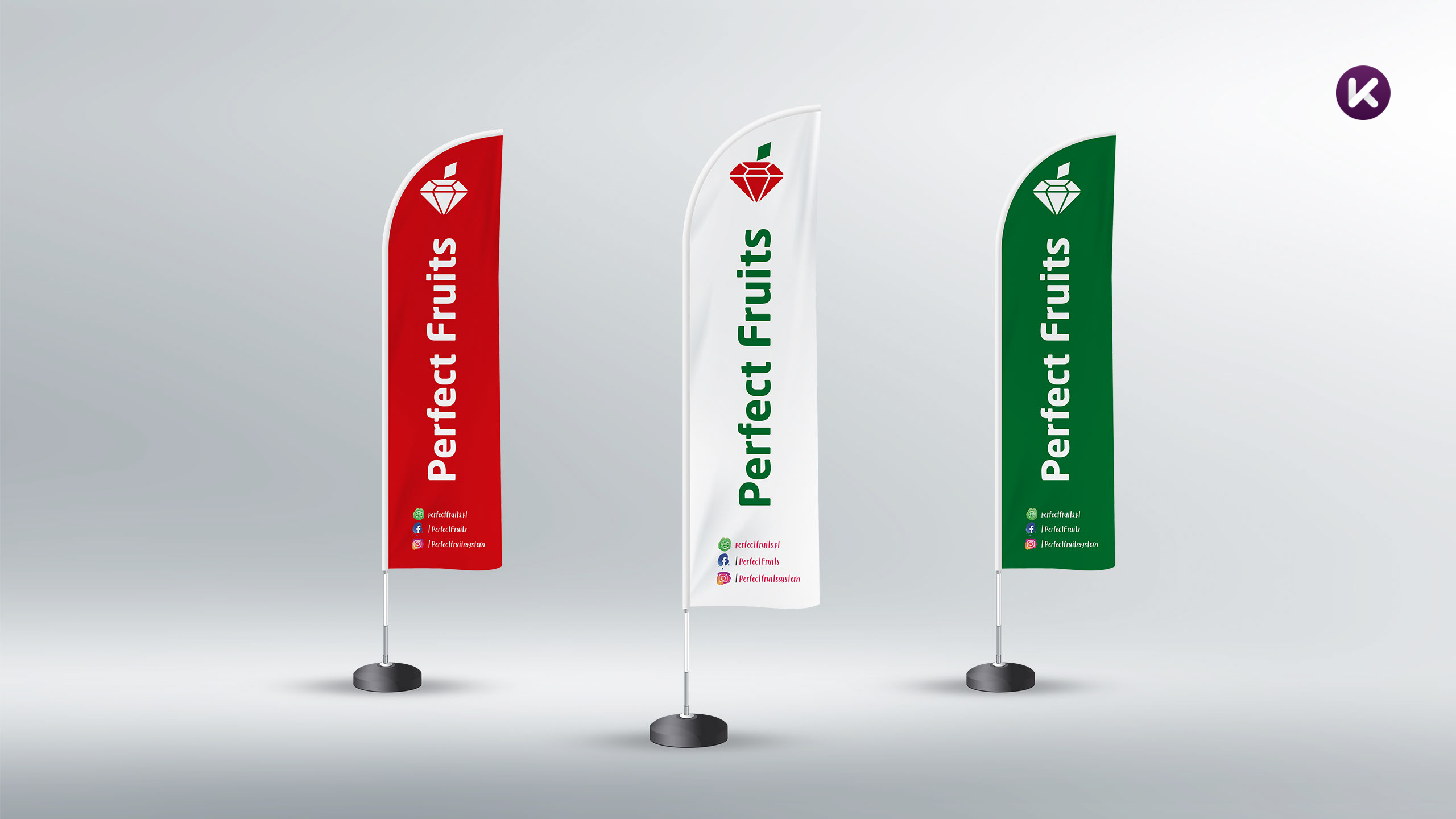 Flaga z logo firmowym w kolorze czerwonym, białym i zielonym