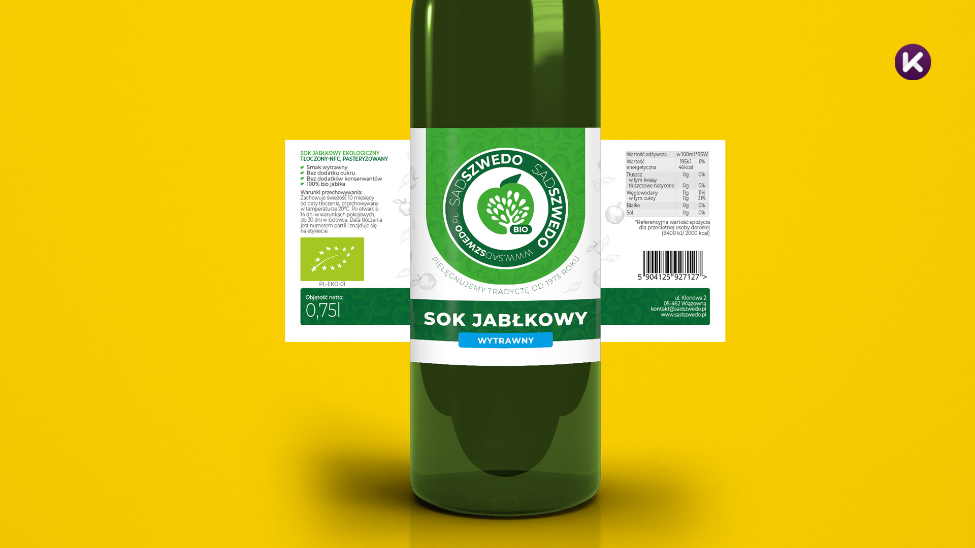 Etykieta soku jabłkowego wytrawnego ekologicznego Sadu Szwedo