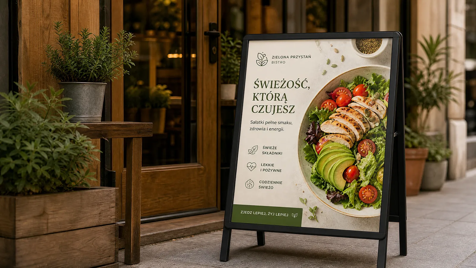 Potykacz reklamowy z apetyczną sałatką ustawiony przed lokalem gastronomicznym.