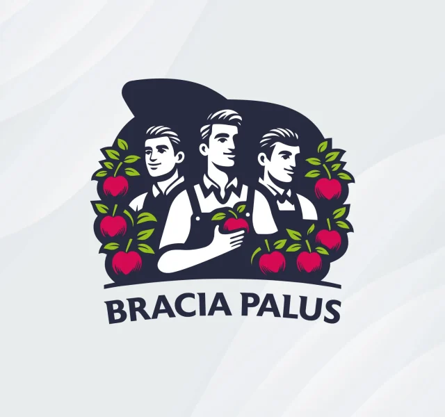 Logo Bracia Palus przedstawiające trzech braci wśród czerwonych jabłek i zielonych liści na granatowym tle z nazwą gospodarstwa poniżej.