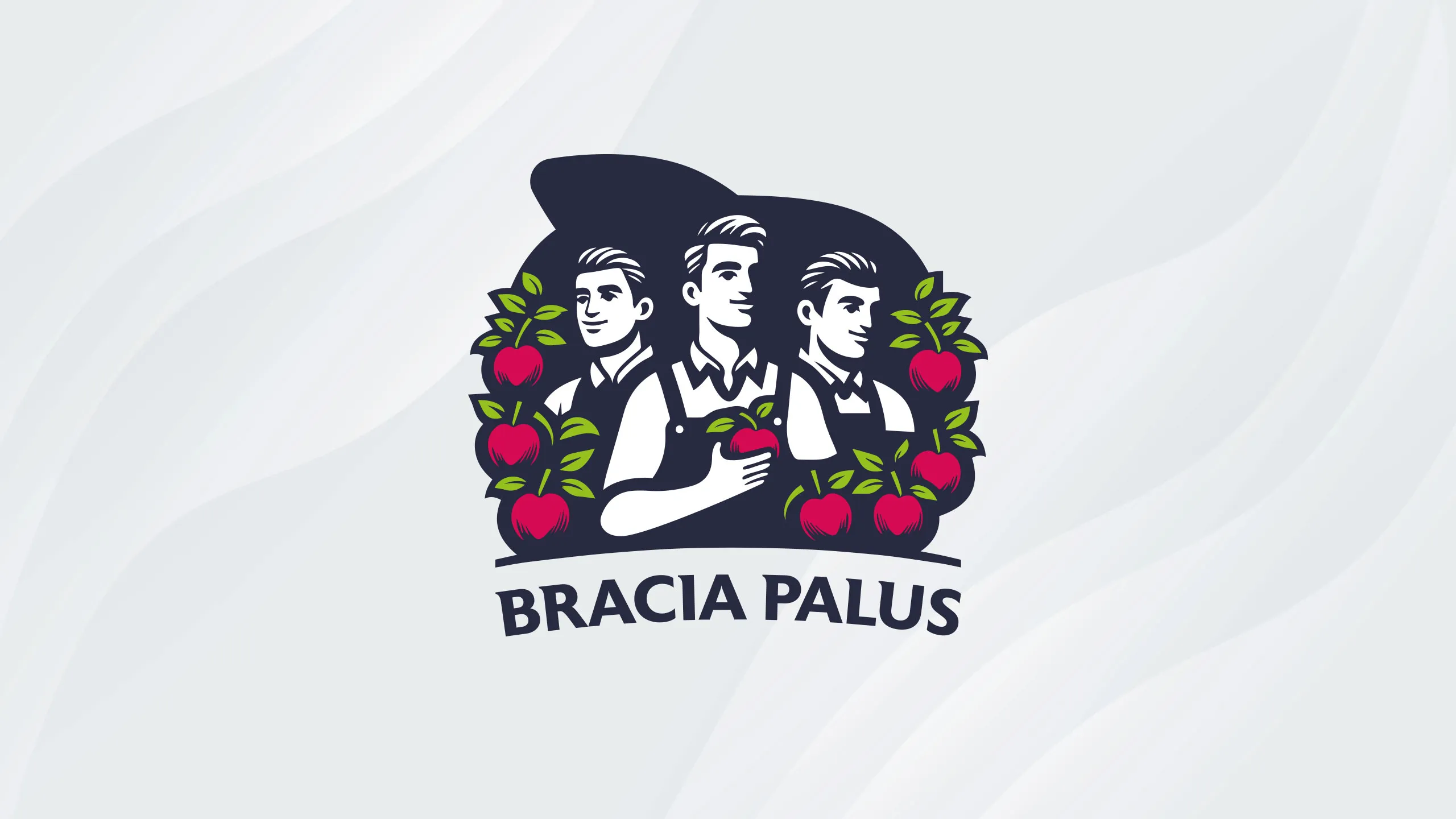 Logo Bracia Palus przedstawiające trzech braci wśród czerwonych jabłek i zielonych liści na granatowym tle z nazwą gospodarstwa poniżej.