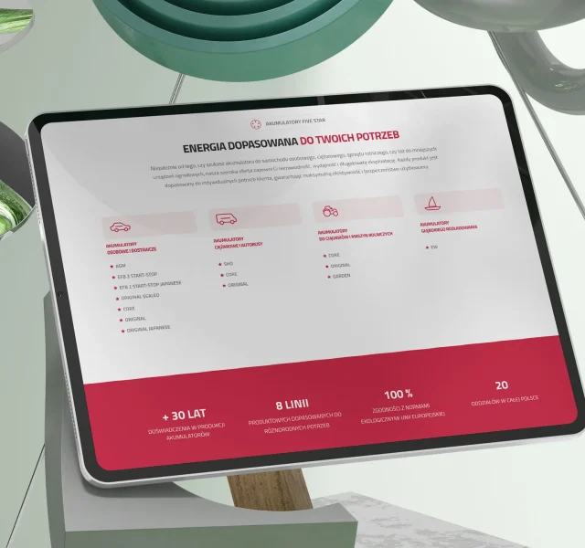 Widok strony internetowej Five Star wyświetlonej na tablecie, prezentującej różne typy akumulatorów samochodowych i przemysłowych. Strona przygotowana przez KREOO - Studio projektowe z Mielca