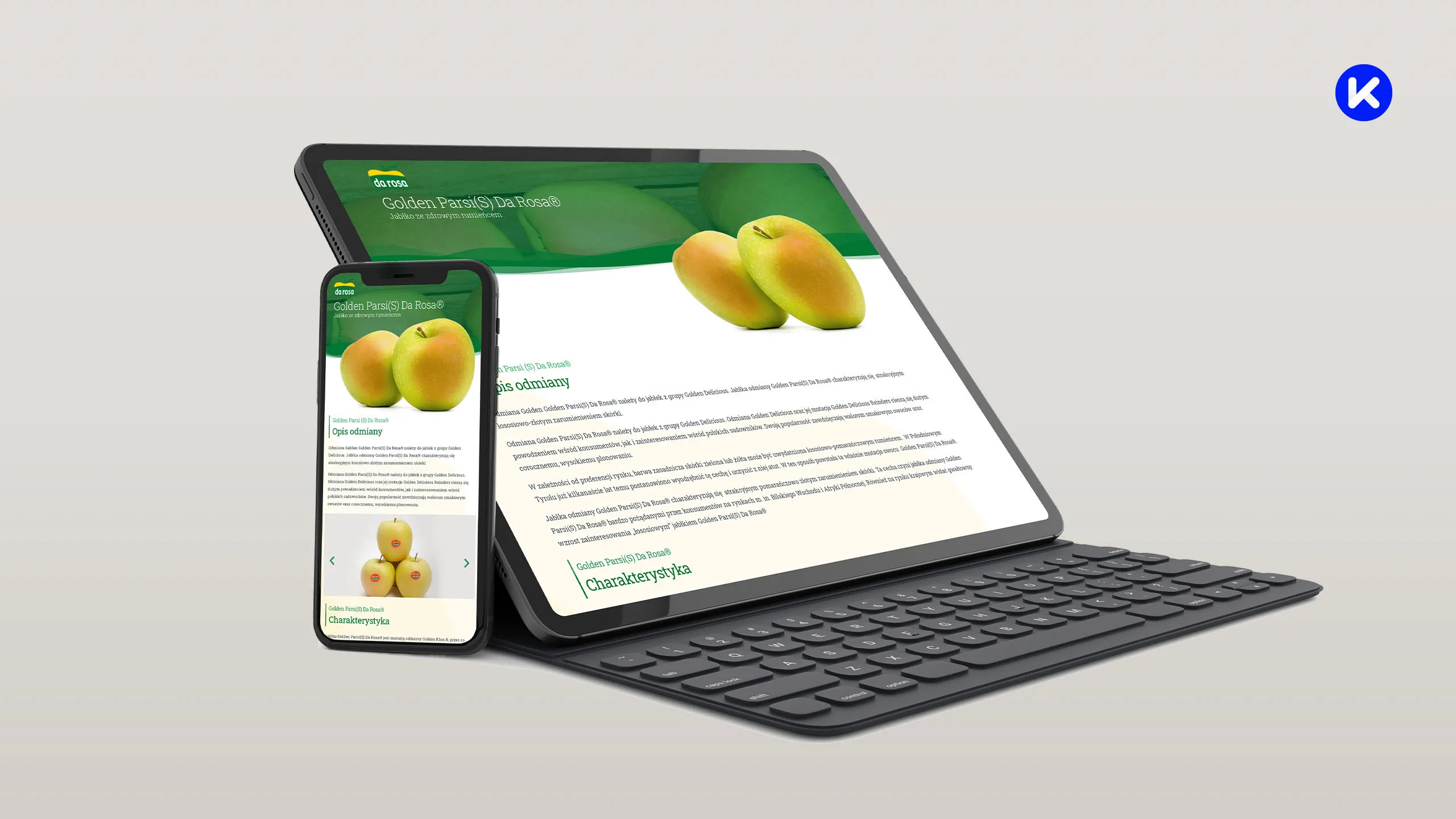 Responsywna strona internetowa odmiany Golden Parsis Da Rosa wyświetlona na tablecie z klawiaturą oraz smartfonie.