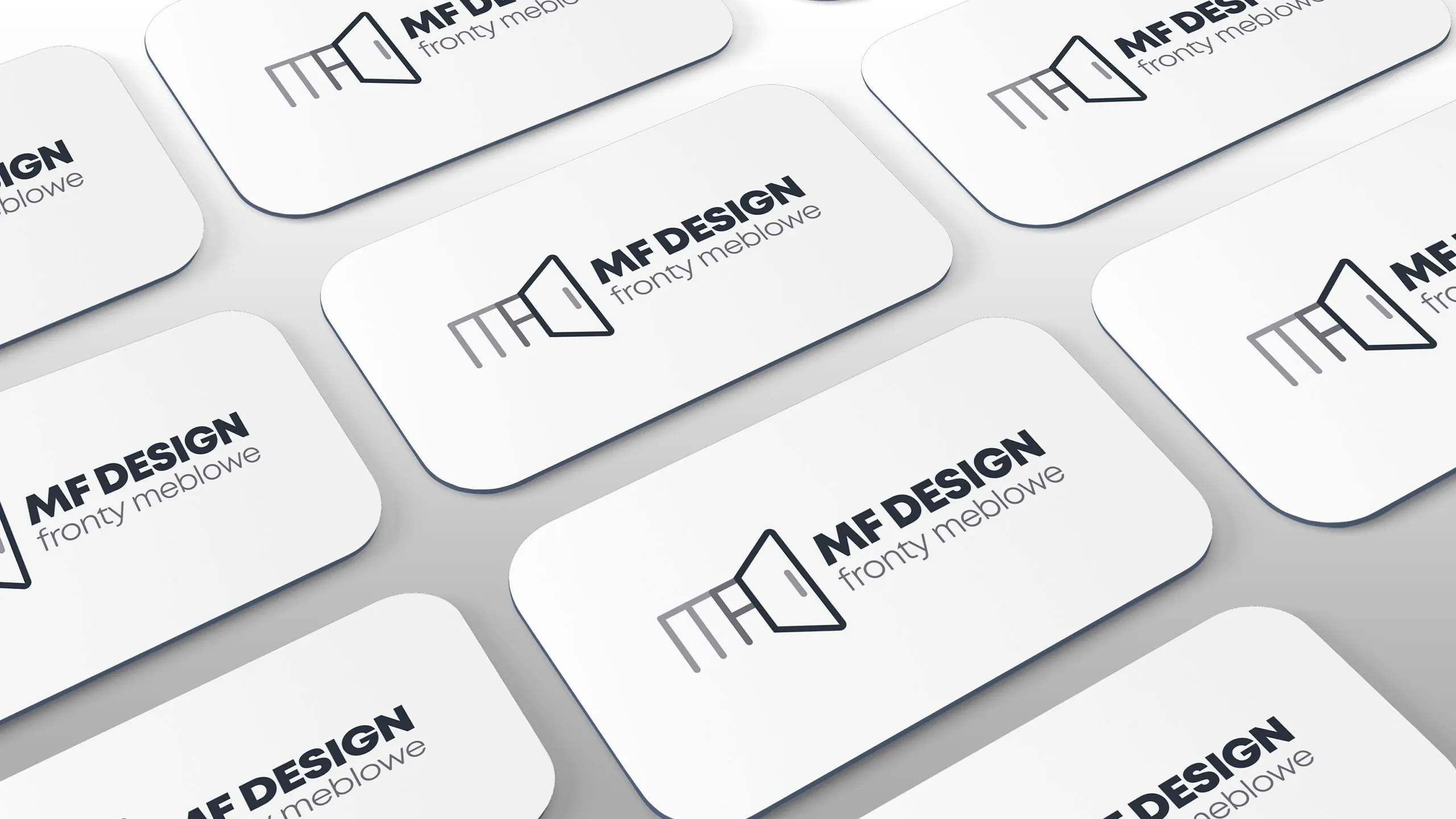 Wizualizacja wizytówek MF Design z logo i napisem fronty meblowe na jasnym tle