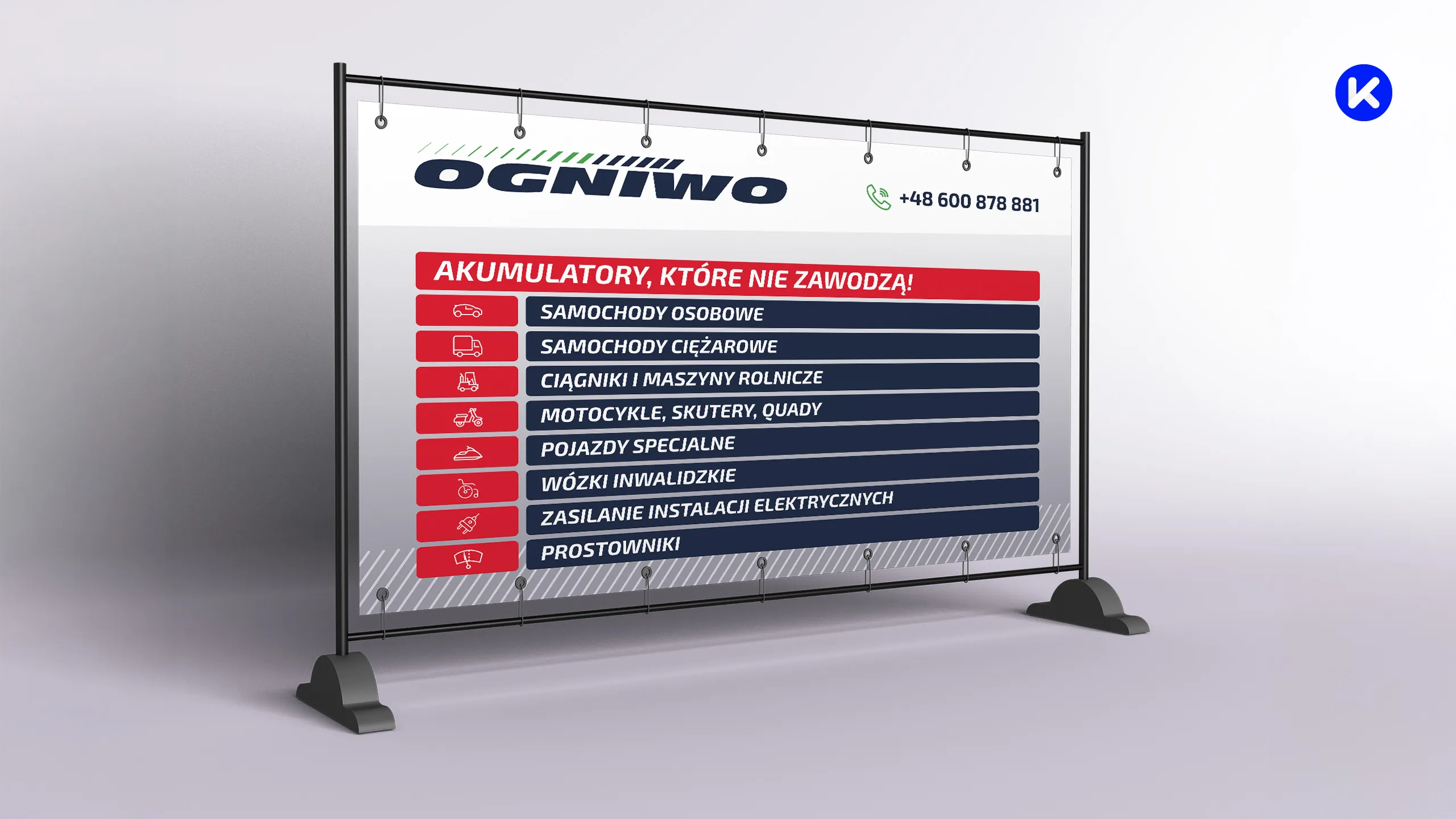 Baner zewnętrzny Ogniwo Minus z listą zastosowań akumulatorów do samochodów osobowych, ciężarowych, maszyn rolniczych, motocykli oraz informacją o prostownikach.