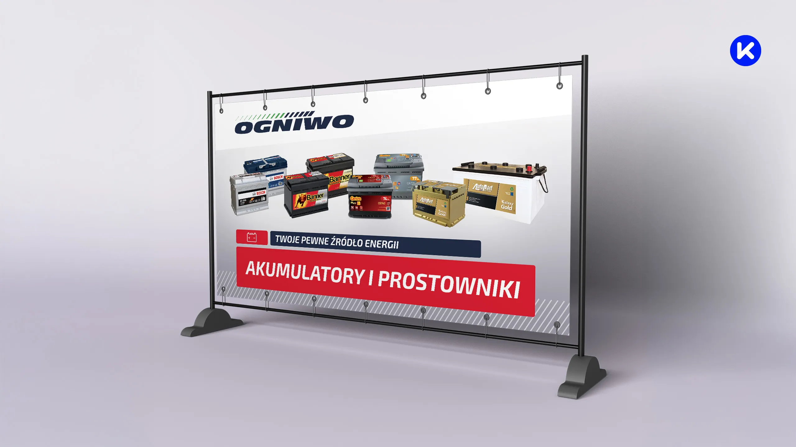 Baner zewnętrzny Ogniwo Minus z prezentacją różnych modeli akumulatorów oraz hasłem „Akumulatory i prostowniki”.
