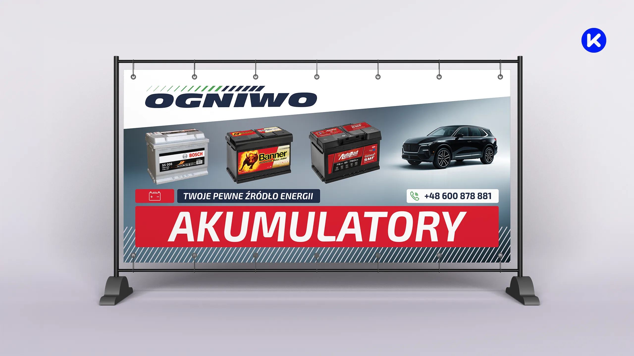 Baner zewnętrzny Ogniwo Minus z prezentacją akumulatorów Bosch, Banner i Autopart oraz dużym czerwonym napisem „Akumulatory”.
