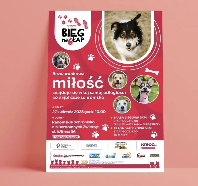 Plakat wydarzenia Bieg na 6 łap Radom 2025 z czerwonym tłem, zdjęciami psów i informacją o biegu 5 km organizowanym przez Schronisko dla Bezdomnych Zwierząt w Radomiu