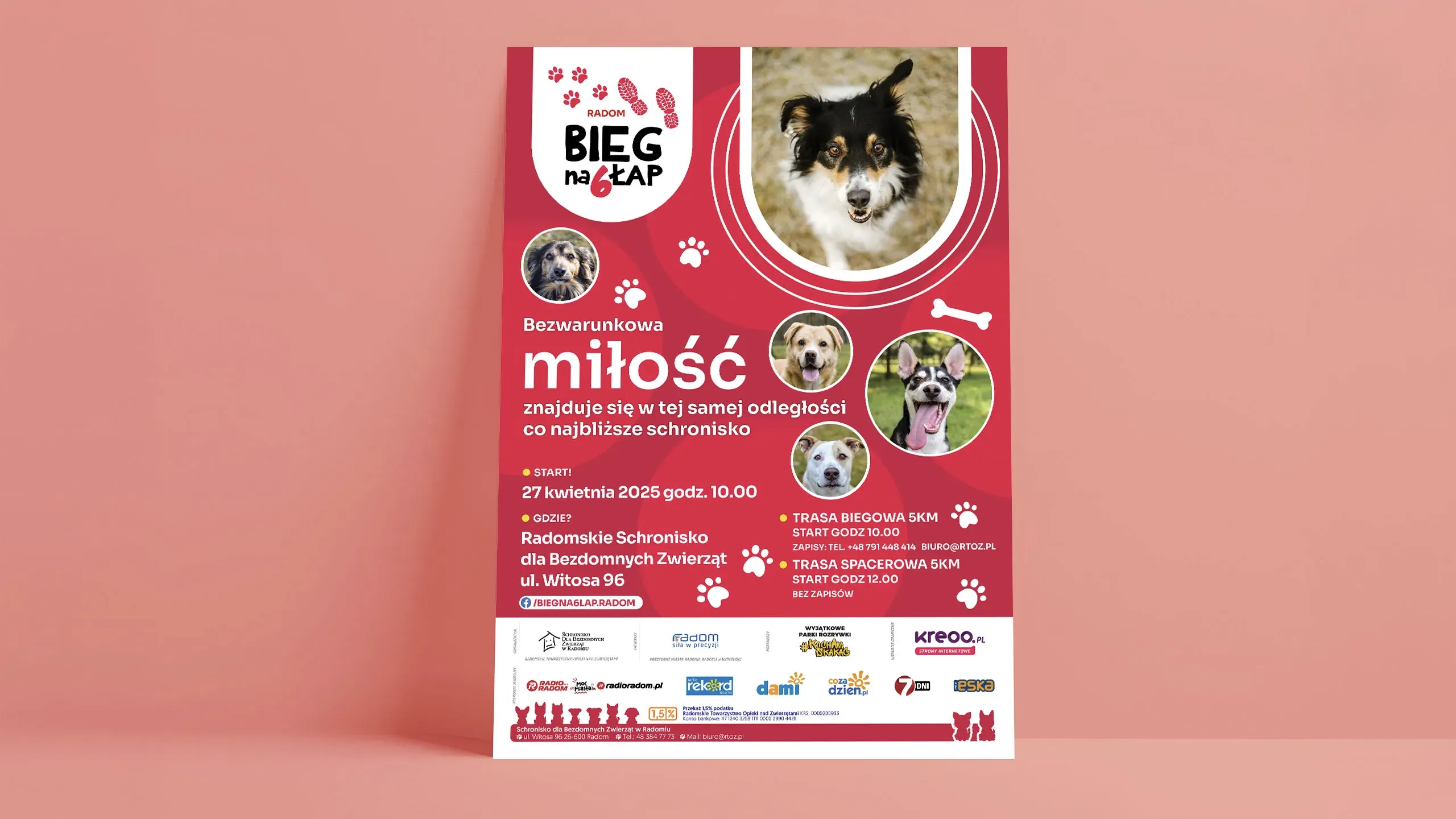 Plakat wydarzenia Bieg na 6 łap Radom 2025 z czerwonym tłem, zdjęciami psów i informacją o biegu 5 km organizowanym przez Schronisko dla Bezdomnych Zwierząt w Radomiu