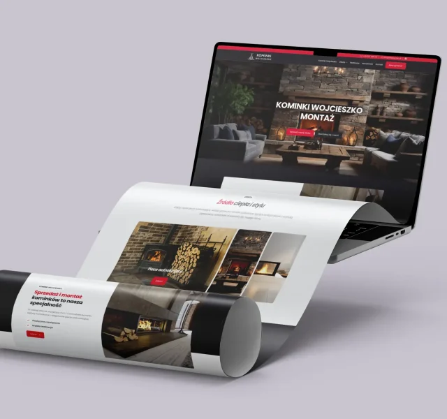 Mockup strony internetowej Kominki Wojcieszko prezentowany na ekranie laptopa oraz w formie rozwiniętego projektu graficznego z widocznymi realizacjami kominków.