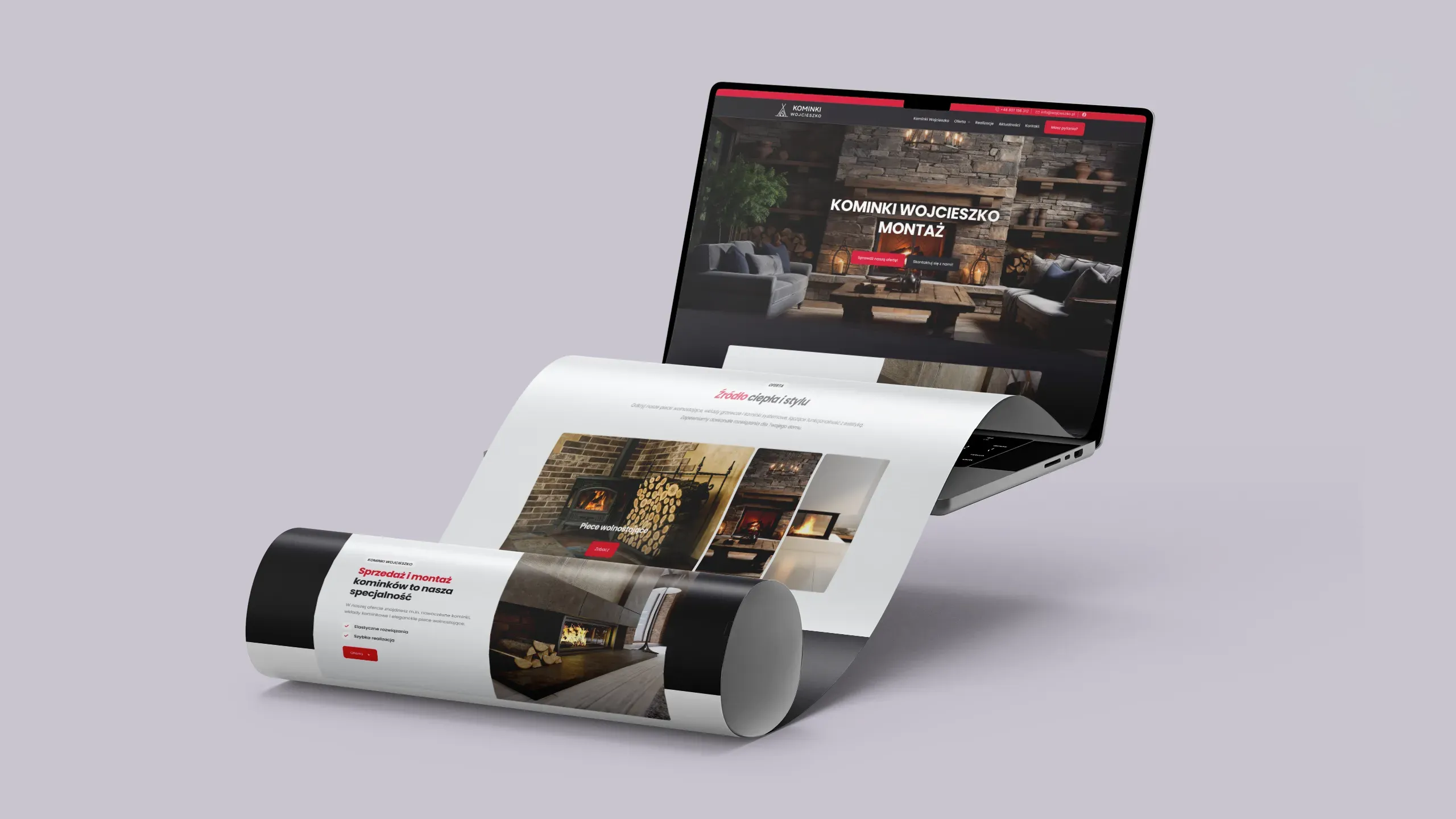 Mockup strony internetowej Kominki Wojcieszko prezentowany na ekranie laptopa oraz w formie rozwiniętego projektu graficznego z widocznymi realizacjami kominków.