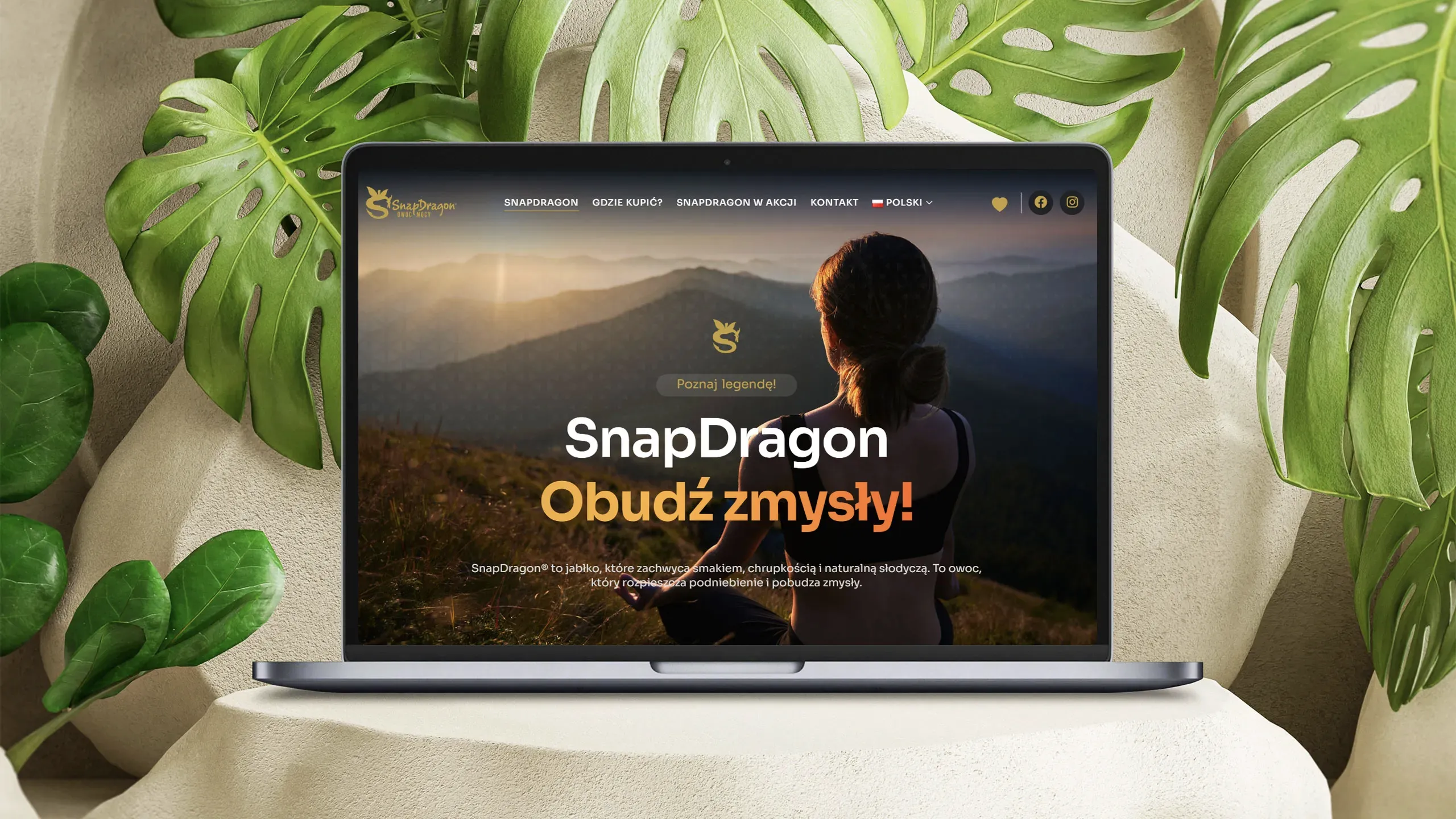 Strona internetowa SnapDragon wyświetlana na laptopie, z hasłem „Obudź zmysły!” i zdjęciem kobiety na tle gór o zachodzie słońca.