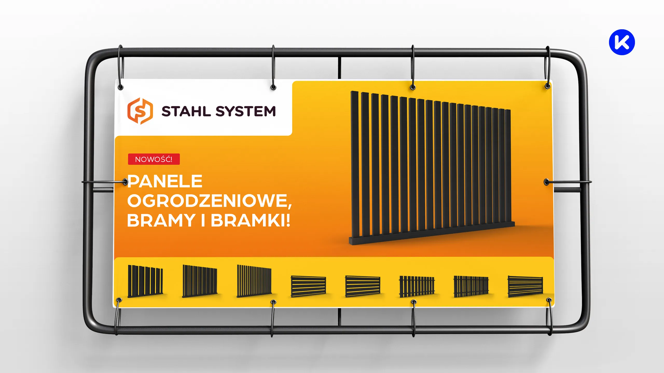 Baner reklamowy Stahl System promujący panele ogrodzeniowe, bramy i bramki z wizualizacją nowoczesnego ogrodzenia stalowego