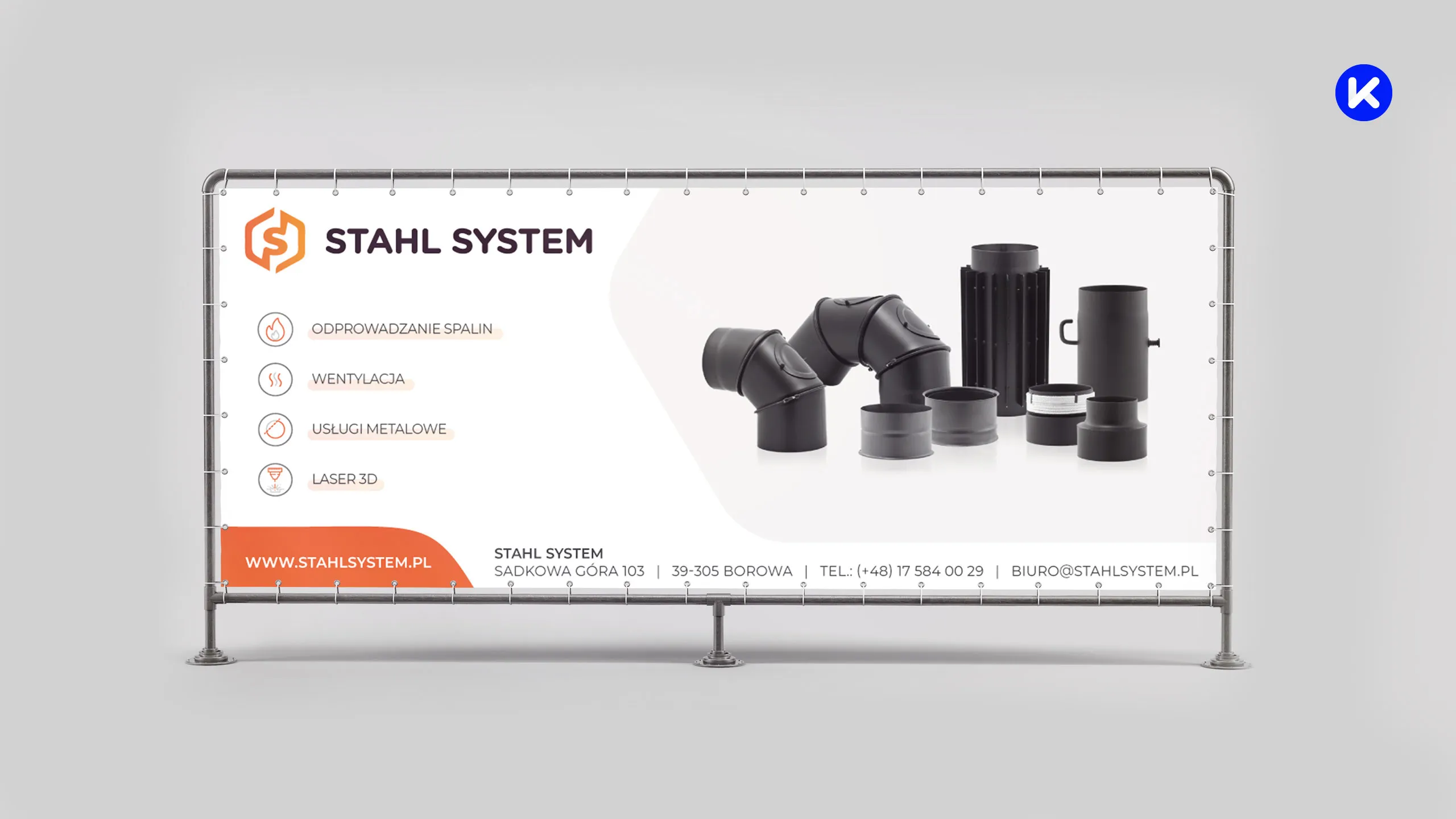 Baner reklamowy Stahl System z wyszczególnieniem oferty: odprowadzanie spalin, wentylacja, usługi metalowe, laser 3D oraz wizualizacją elementów systemów kominowych