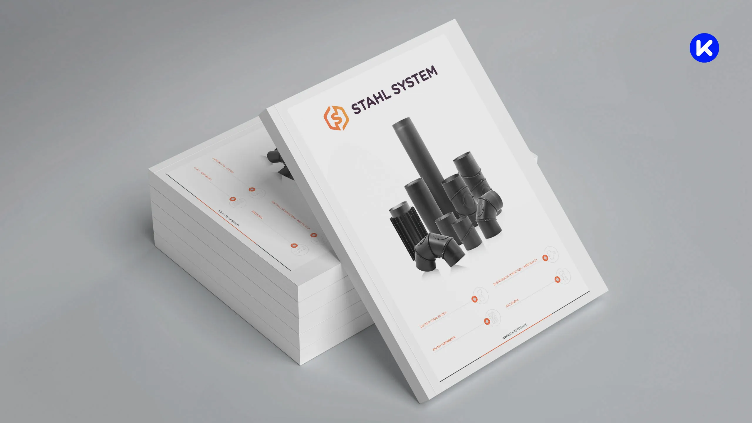 Katalog produktowy Stahl System z okładką prezentującą elementy systemów kominowych w minimalistycznej kompozycji