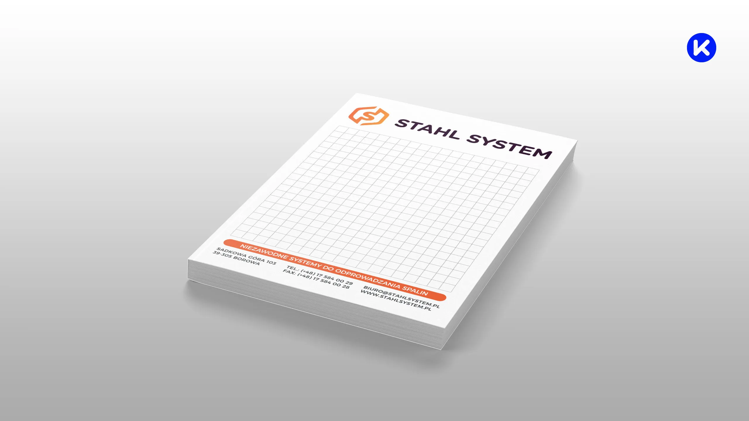 Notes firmowy Stahl System w kratkę z logo producenta systemów kominowych i danymi kontaktowymi