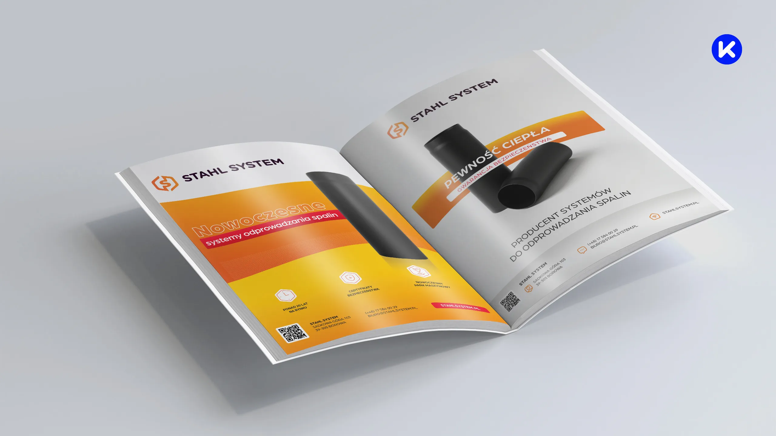 Dwustronicowa reklama Stahl System w magazynie branżowym prezentująca systemy odprowadzania spalin z hasłami o nowoczesności i bezpieczeństwie