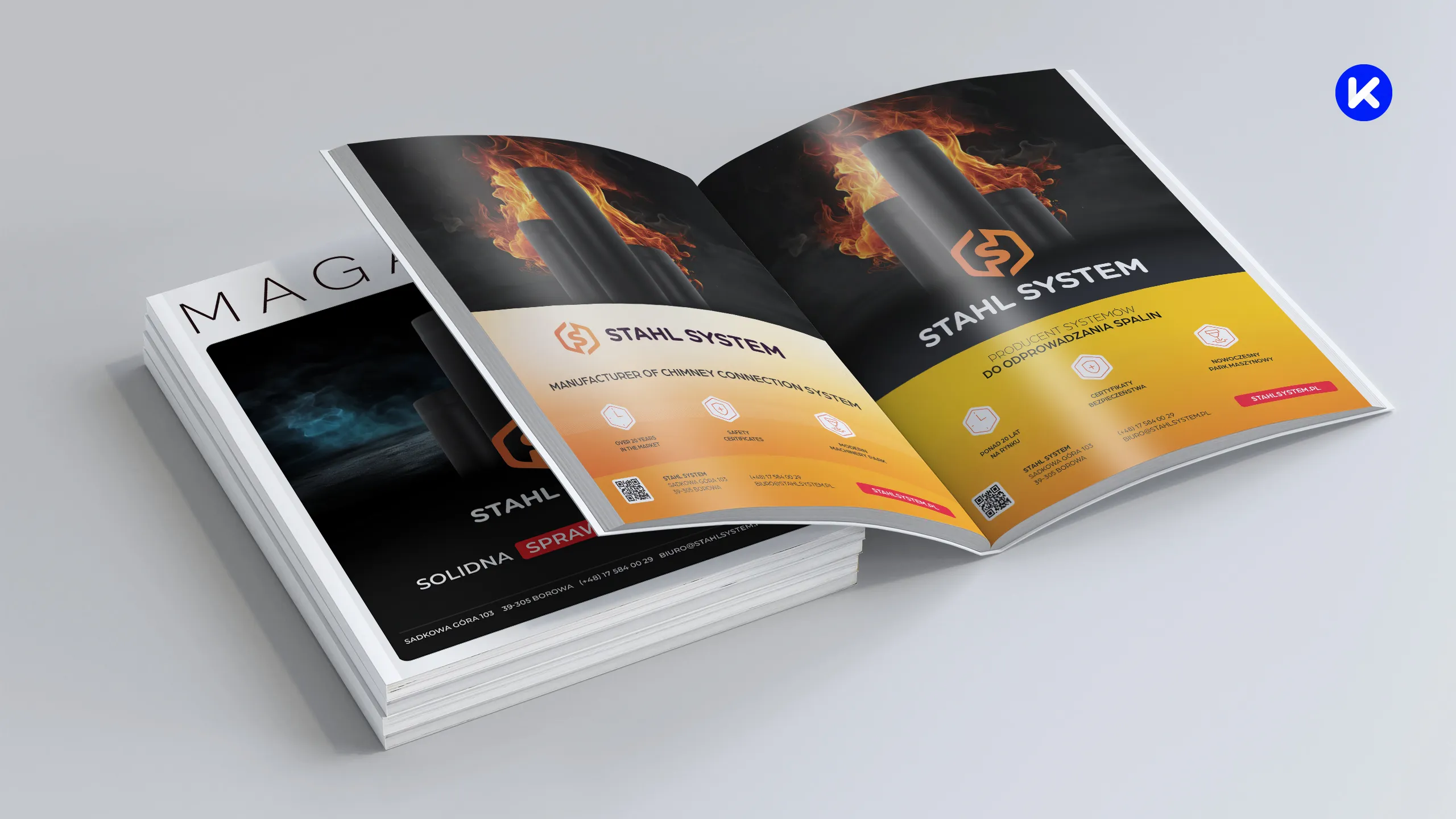 Otwarta reklama Stahl System w magazynie branżowym z okładką przedstawiającą system kominowy w płomieniach