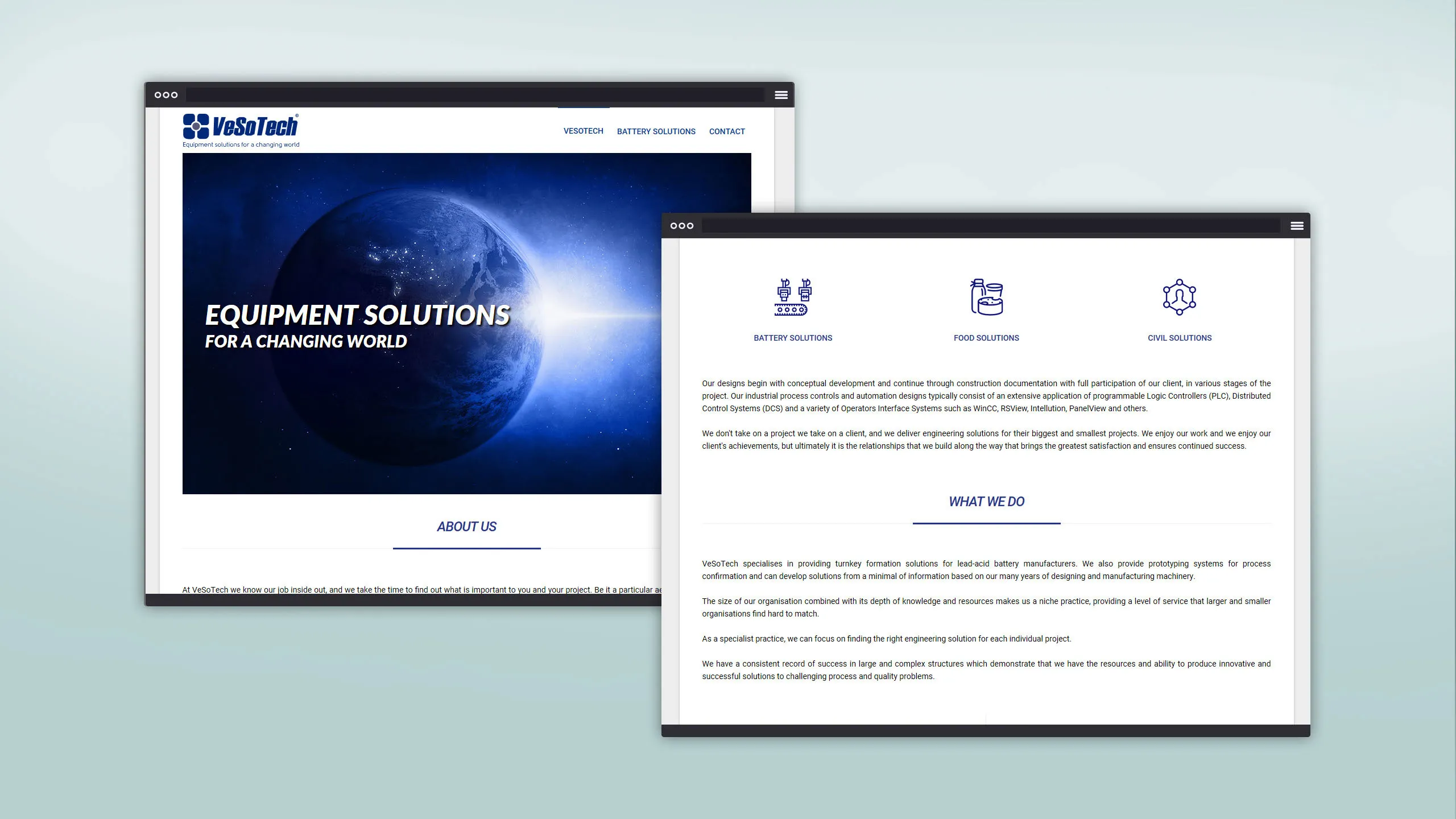 Projekt strony internetowej Vesotech z widokiem sekcji głównej z grafiką Ziemi oraz podstrony z opisem rozwiązań technologicznych.