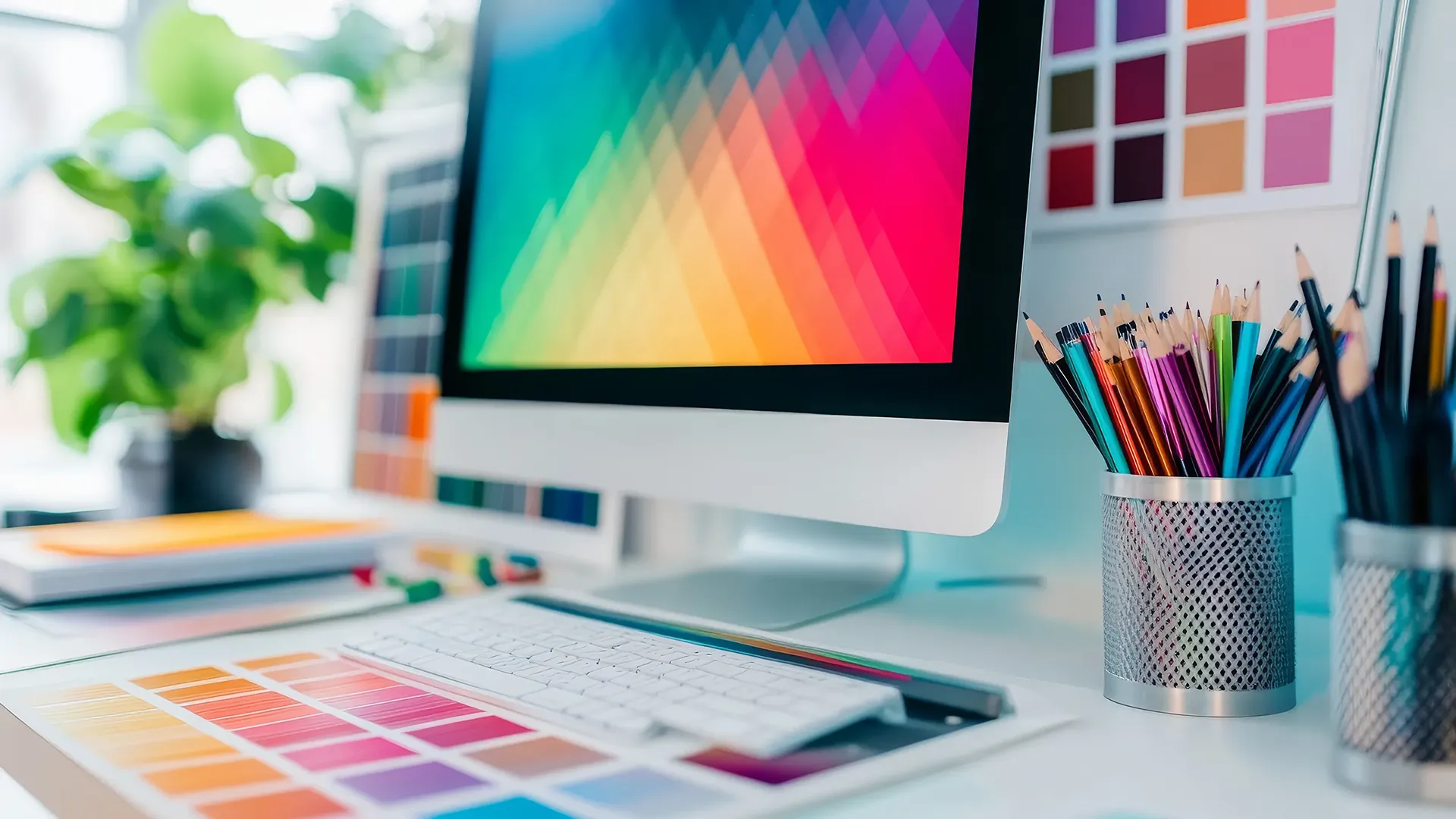 Paleta kolorów i stanowisko pracy projektanta graficznego podczas dobierania kolorystyki projektu