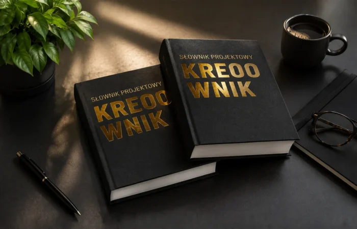 Czarne książki z napisem KREOOWNIK jako słownik projektowy KREOO