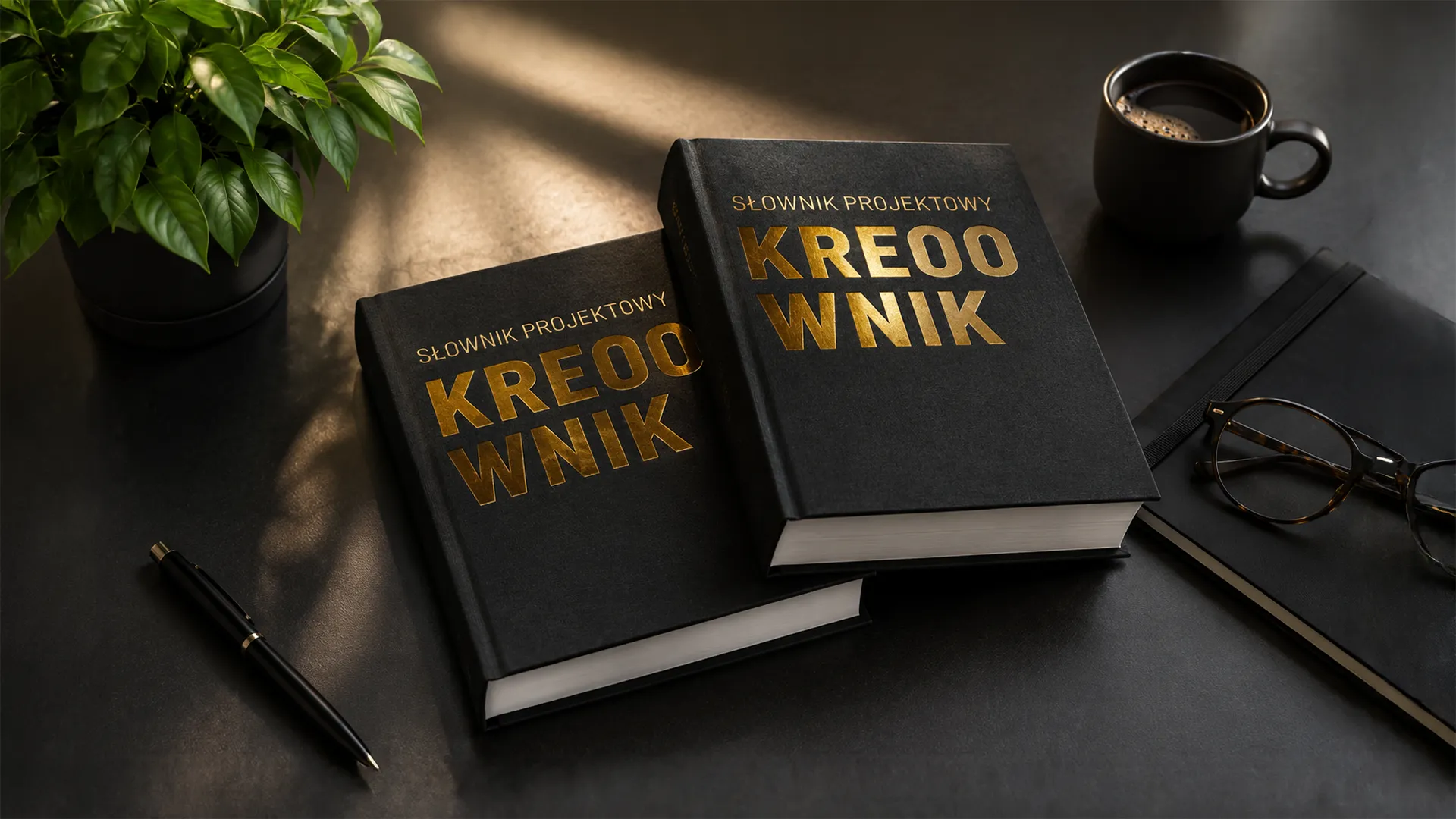 Czarne książki z napisem KREOOWNIK jako słownik projektowy KREOO