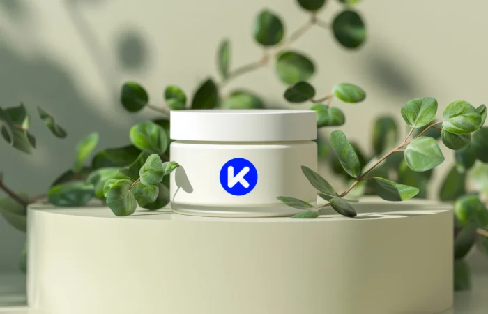 Wizualizacja produktu w technologii 3D przedstawiająca opakowanie kosmetyku na tle roślin