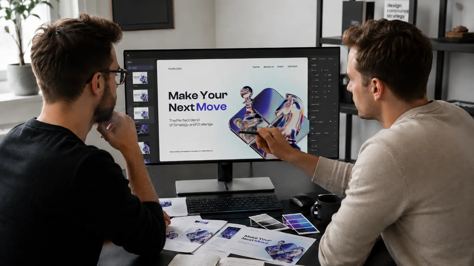 Dwie osoby omawiają szczegóły projektu strony internetowej na dużym monitorze