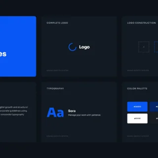 Wizualizacja brand guidelines z kolorami, typografią Sora i elementami identyfikacji wizualnej KREOO
