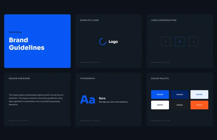 Wizualizacja brand guidelines z kolorami, typografią Sora i elementami identyfikacji wizualnej KREOO