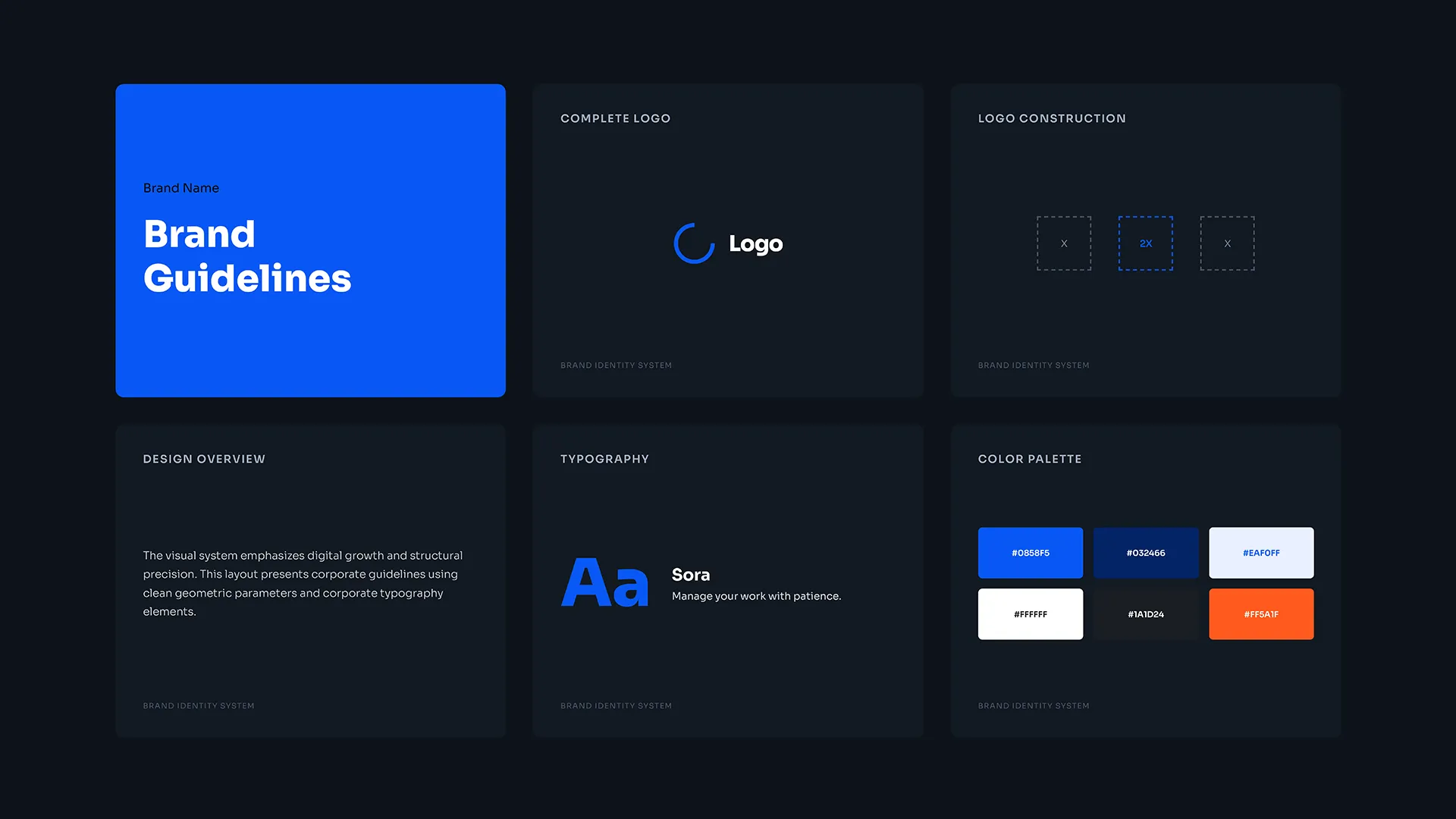 Wizualizacja brand guidelines z kolorami, typografią Sora i elementami identyfikacji wizualnej KREOO