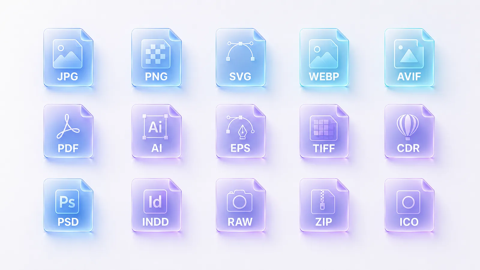 Formaty plików do internetu i druku przedstawione jako nowoczesne ikony JPG PNG SVG WEBP PDF AI EPS TIFF PSD INDD RAW ZIP AVIF CDR ICO