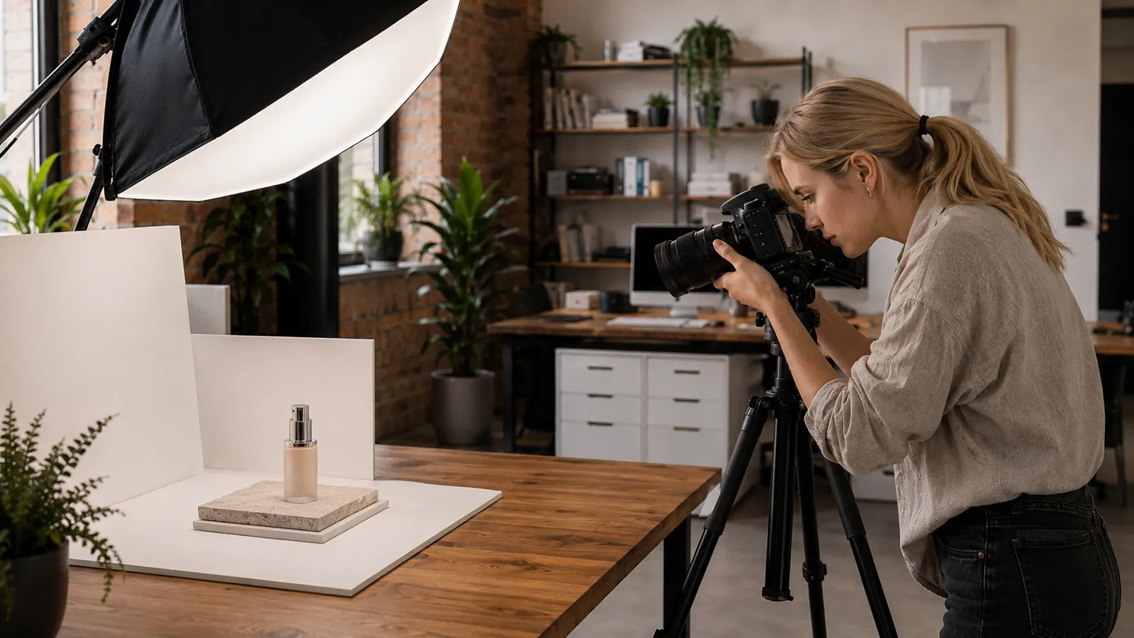 Fotografka wykonuje zdjęcie produktu w studiu z wykorzystaniem softboxa i profesjonalnego oświetlenia