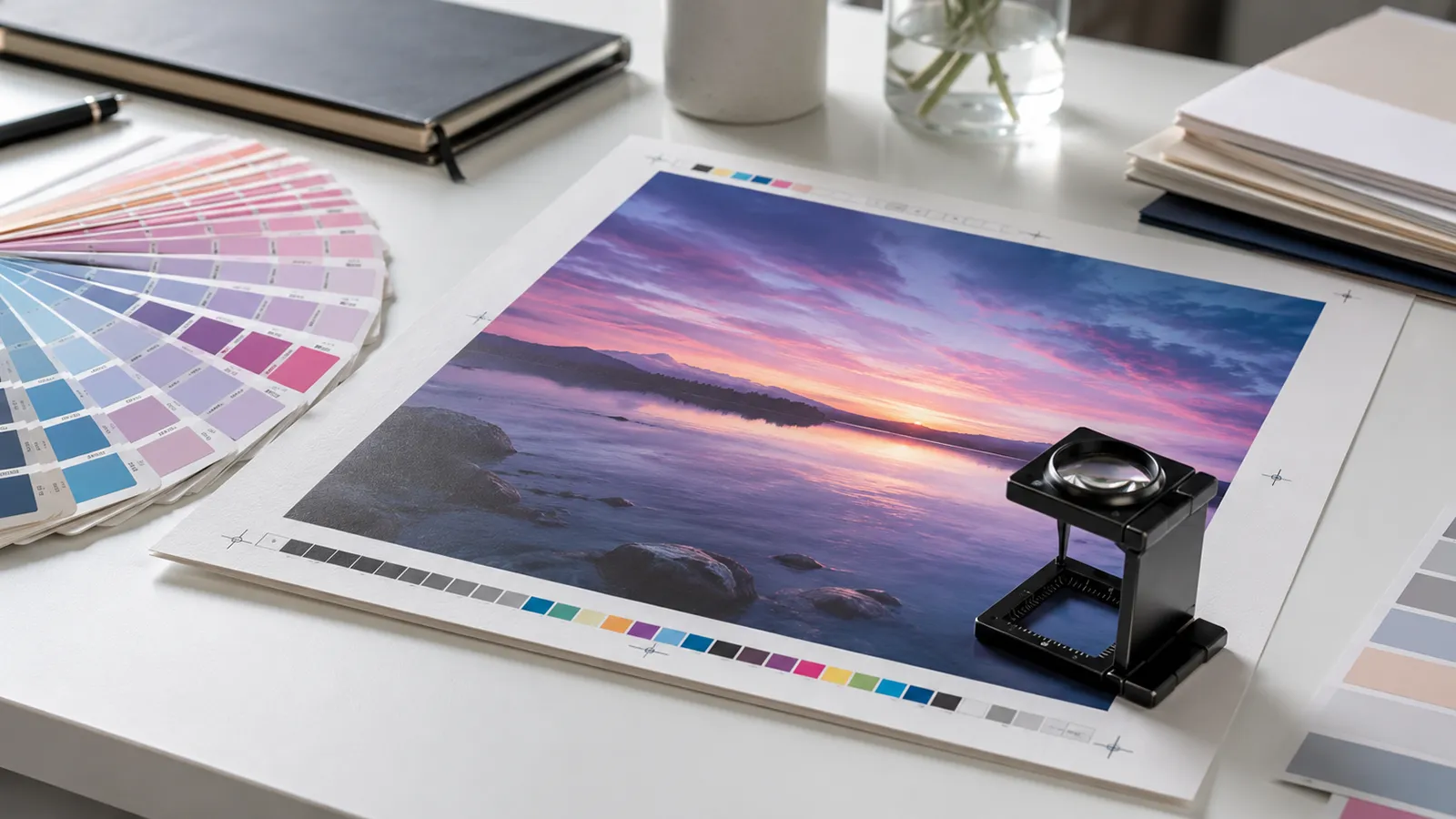Próbki kolorów CMYK i wydruk próbny pokazujące kontrolę kolorów w druku