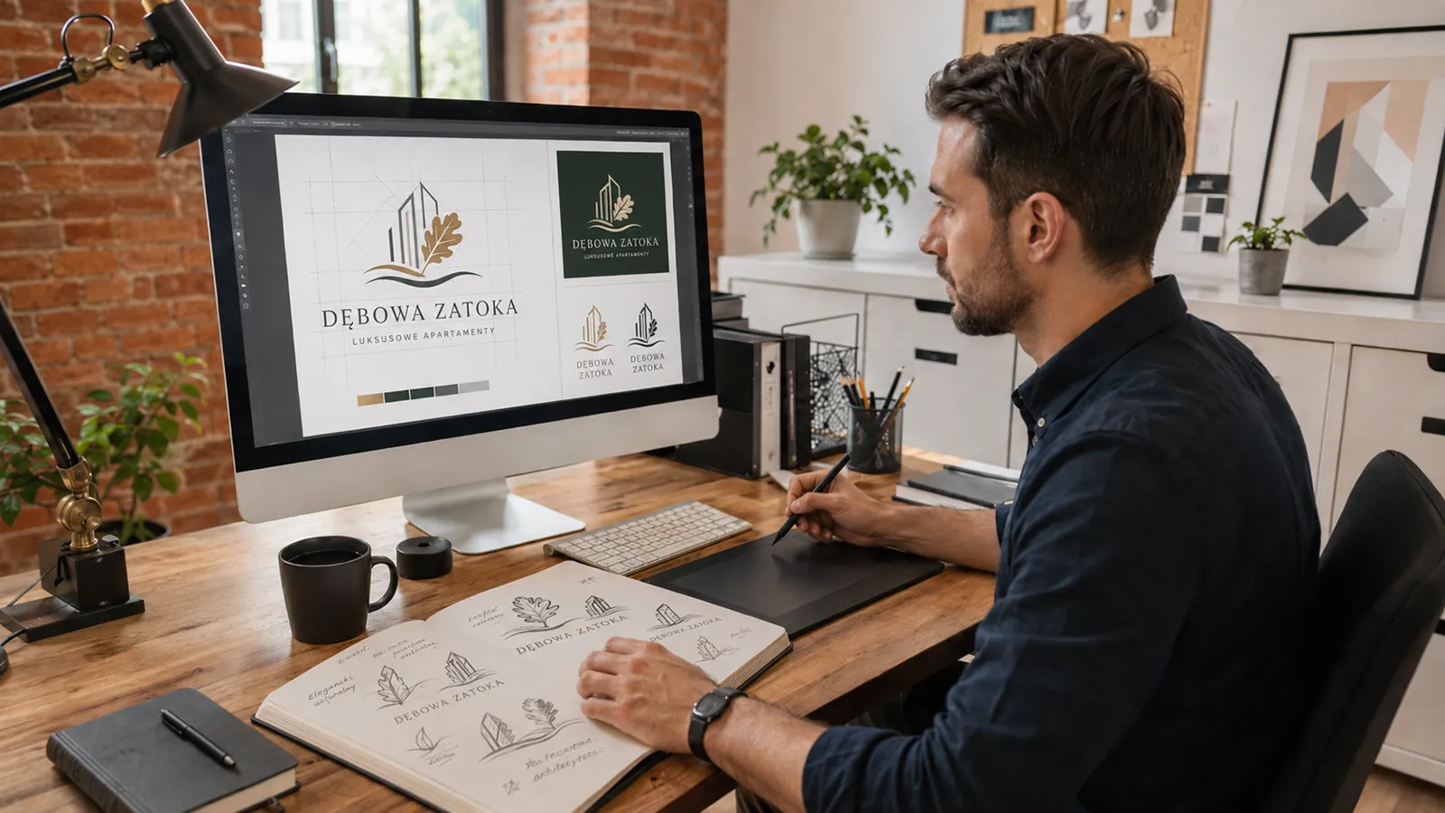 Projektant tworzy logo luksusowych apartamentów na podstawie szkiców w notatniku