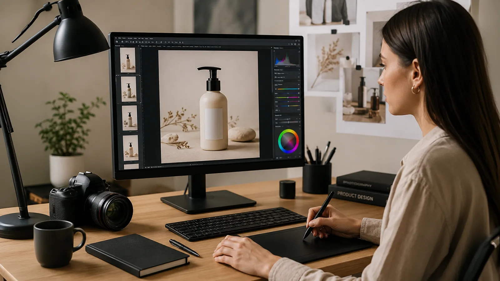 Retusz zdjęcia produktowego na monitorze w nowoczesnym studio projektowym