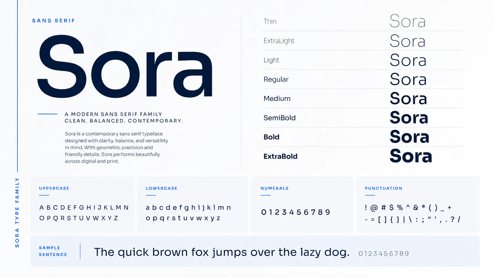 Prezentacja fontu Sora w różnych odmianach używanych w typografii identyfikacji wizualnej