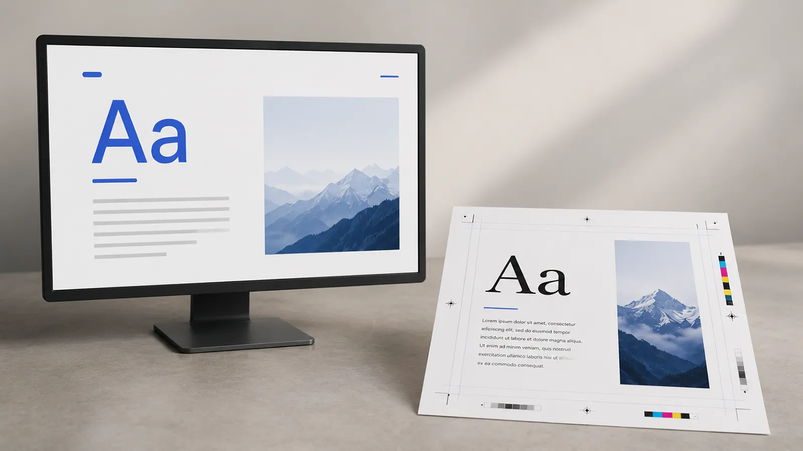 Typografia w internecie i druku na przykładzie projektu na monitorze i próbki wydruku