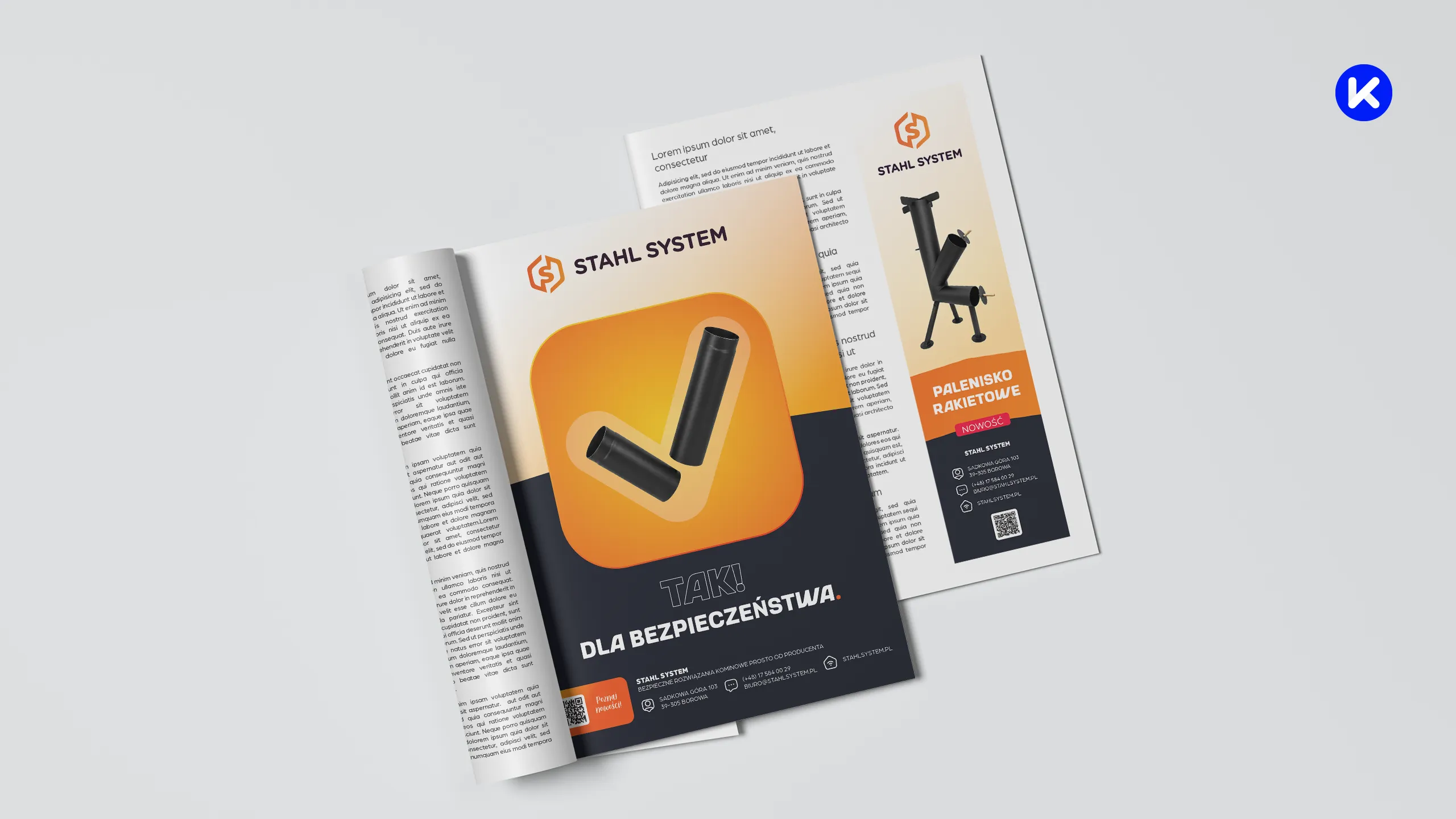 Reklama prasowa Stahl System z grafiką paleniska rakietowego zaprezentowana w układzie magazynowym